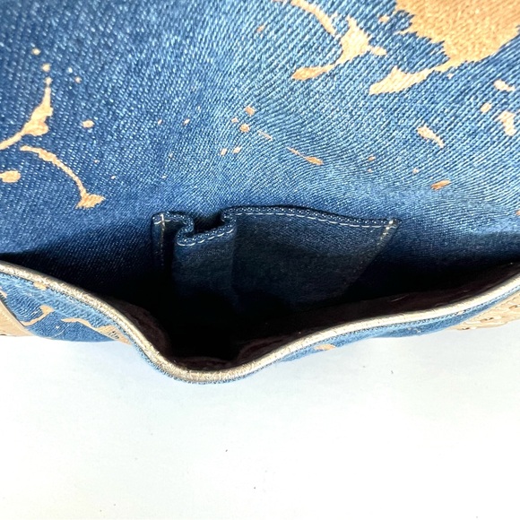 JUNIOR DRAKE Metallic Gold Studded Leather Blue Denim Weekender Oversized Tote - Picture 10 of 16